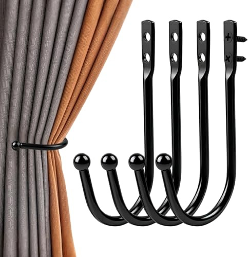 4 Stück Vorhang Raffhalter, U-förmige Raffhalter für Vorhänge, Metall Gardinenhalter mit Wandbefestigung, für Wohnzimmer Schlafzimmer Esszimmer Bäder Küchen Büros (Schwarz)
