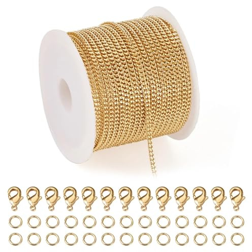 Panzerkette aus Messing mit Karabinerverschluss, Biegering, goldene Kette, Armband, Halskette, Bausatz for DIY-Schmuckherstellung(Golden)