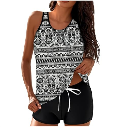 Tankini Sets for Women UK Tank Tops with Boyleg Shorts Two Piece Swimming Costume Bathing Printed Solid High Waist Loose Comfy Swimwear Casual Beach Sports Surfing Swimsuits,Size S-5XL