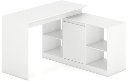 GIANTEX Escritorio de Ordenador en Forma de L, Mesa de Trabajo Reversible con Estación de Carga, Estantes Abiertos y 1 Compartimento con 2 Puertas, 120x120x76cm, Escritorio para Oficina, Dormitorio