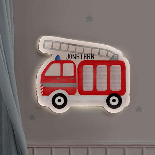 hellomini Personalisierbares LED-Nachtlicht mit Name für Kinder & Babys | Holz-Wandlampe | Schlummerlicht mit Motivwahl – Geschenk zur Geburt & Taufe (Feuerwehr Aquarell)