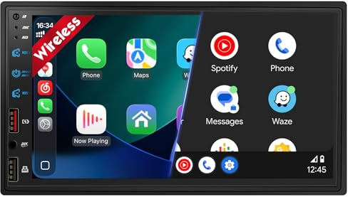 [Upgraded DSP] 7'' Double Din Car Stereo with Wireless Apple Carplay Android Auto, 240W Powerful Sound, FM/AM Radio, 7 Inch LCD Ultra HD Touchscreen, Bluetooth Handsfree, Waterproof Backup Camera, SWC