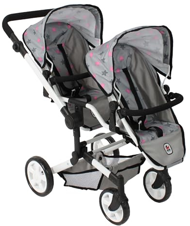 Bayer Chic 2000 Zwillingspuppenwagen Linus Duo | Puppenwagen | Verstellbar | Zwillingswagen für 2 Puppen bis 50 cm. Höhenverstellbarer Griff (50–82 cm), faltbar. Design: Sternchen Grau. Für 4–8 Jahre.