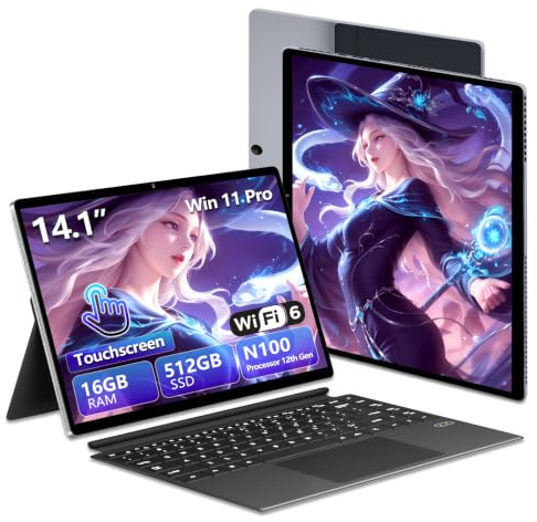 Ordinateur portable 2 en 1, métal PC Portable avec 16 Go RAM 512 Go SSD, Laptop N100 Processeur, écran tactile FHD 14 pouces (1920 x 1200), Wi-Fi 6, Bluetooth 5.2, port USB-C, micro HDMI Win11