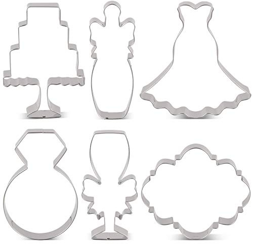 LILIAO Wedding Cookie Cutter Set for Anniversary/Bridal/Engagement - 6 Piece - Diamond Ring, Wedding Dress, Cake, Plaque, Champagne with Ribbon and Champagne Glass with Ribbon - Stainless Steel