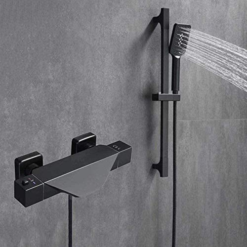 Mitigeur Thermostatique Douche Robinet Baignoire Cascade avec Douchette à Main Robinetterie Baignoire Mural de Douchette pour Salle de Bains en Laiton-Noir-B