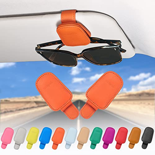 quipuda 2 Pack Brillenhalter für Auto Sonnenblende,Echt Leder Auto Visier Zubehör Sonnenbrillen Halterung Magnetische Sonnenbrillenhalter Ticket Clip（Orange）