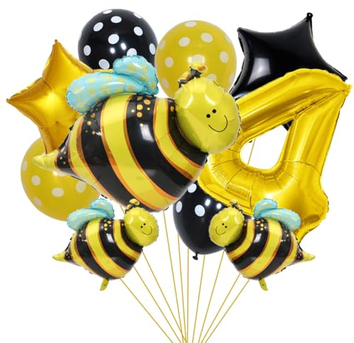 SNOWZAN Bienen Geburtstagsdeko 4. Geburtstag Mädchen Junge - Luftballons, Folienballon, Zahlen Ballon Zahl 4 - Gelb Deko für Kinder Bee Party
