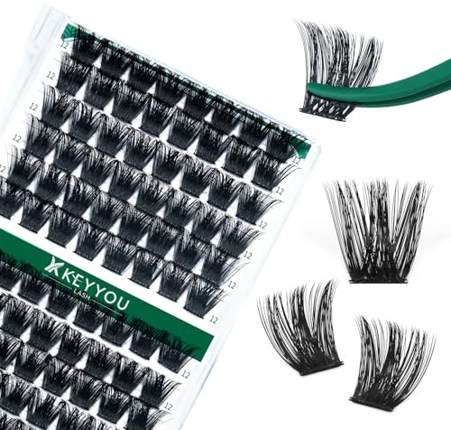 KEYYOU Wimpern Cluster 96pcs Wimpern Extensions D Curl 12mm Cluster Lashes Volume Natürlich Sanft Wimpernverlängerung(Y02-D-12)