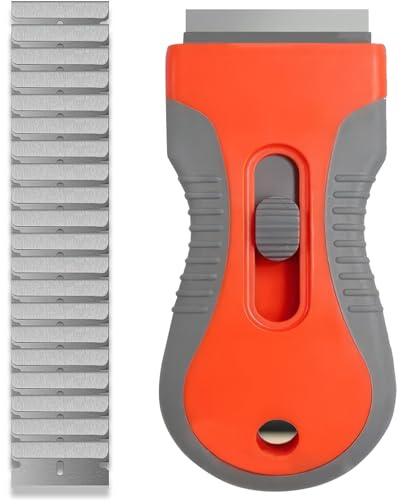 Schaber-Werkzeug-Set, 1 Stück Kunststoff-Reinigungsschaber für Herdplatten mit 20 Metallklingen, Fensterschaber-Reinigungswerkzeug Kunststoffschaber zum Reinigen von Farbentfernungspads, Tags(Orange)