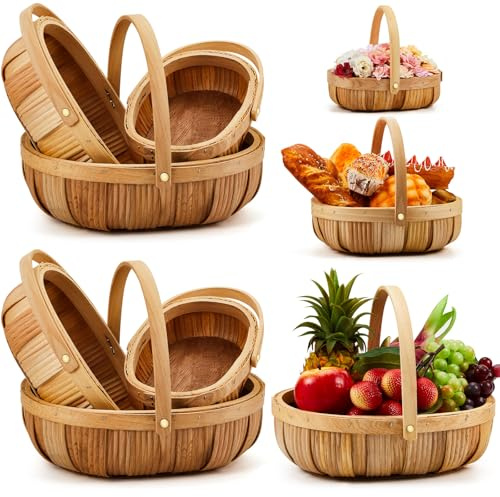 Sintuff Weidenkörbe mit Griffen, 3 Größen, Hellbraun, 6 Stück | Gewebter Erntekorb zum Sammeln von Gemüse, Apfelkorb aus Holz, für Obst, Herbst, Picknick, Bauernmarkt