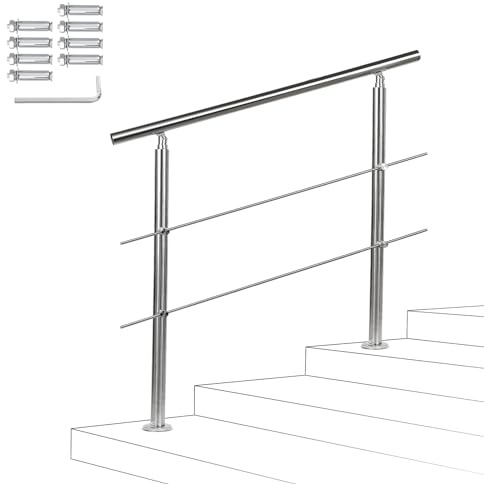 Fiqops Main courante en acier inoxydable - Rampe d'escalier pour extérieur et intérieur 150 cm Avec 2 traverses Ø 42 mm Avec accessoires - Angle réglable pour escaliers, jardin,