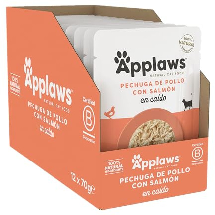 Applaws Nourriture Humide 100% Naturelle pour Chat, Poitrine de Poulet avec Saumon en Bouillon - Pack de 12 Poches de 70g