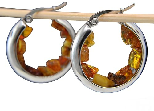 Handmade Creolen - Elegante Hängende Bernstein-Ohrringe - Schmuck mit Echten Edelsteinen - Breite Creolen - Edelstahl - Natur Amber Heilstein - Geschenk für Sie - Weihnachten - Geburtstag -