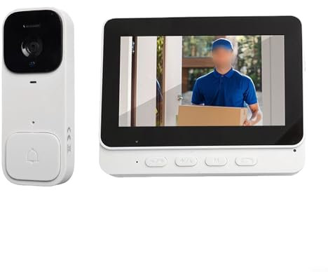 Honseadek Sonnettes vidéo 10,9 cm Sonnette vidéo intelligente avec écran de 10,9 cm, caméra de sonnette vidéo sécurisée, interphone bidirectionnel sans fil pour un accès pratique à la maison (Blanc)