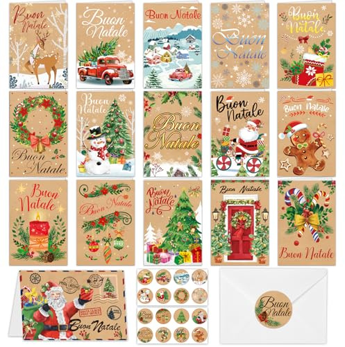 HOWAF 16 Biglietti Auguri Natale con Busta e Adesivi, Biglietto Auguri Natale, Biglietti di Natale Biglietti Natale, Cartoline Natalizie, Regalo di Natale per Bambini, Familiari, Amici, Colleghi