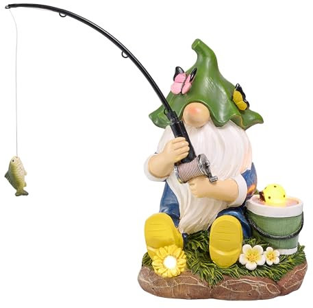 TERESA'S COLLECTIONS Garden Ornaments Outdoor, Lovely Fishing Gnomes with Flowers and Solar Lights, Family Gnomes Series, Waterproof Resin Ornaments, Garden Decorations Gifts Indoor Outdoor 18.4CM