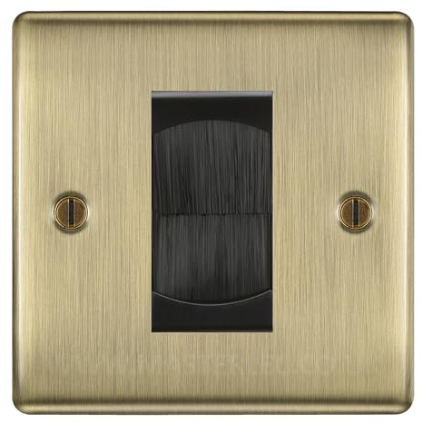 BG Antique Brass Single 1 Gang Brush Cable Entry Wall Plate Black Insert Square