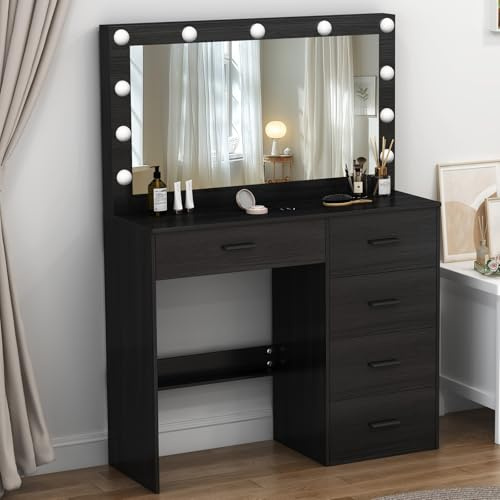 Buildonely Dressing Table with Mirror, Vanity Table with Lights, Adjustable Brightness and 3 Color Temperatures, Vanity Desk with 5 Drawers, Modern, Black, 36 x 80 x 131 cm