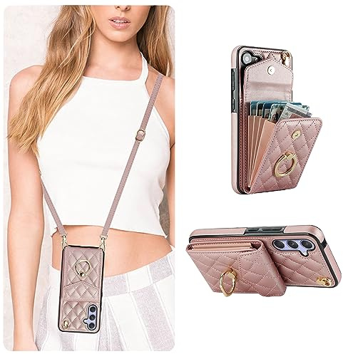 QLTYPRI Handyhülle für Samsung Galaxy A56 5G Hülle mit Band,Mikrofaser Leder Handykette Case mit Kartenfach Ringständer RFID Schutzhülle Lederhülle Tasche Etui für Samsung Galaxy A56 5G-Roségold