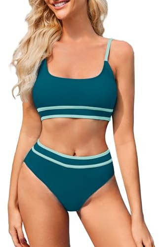 TcIFE Tvådelad baddräkt för kvinnor - sexig hög midja bikiniset med push up, strandkläder för kvinnor, Grön, S