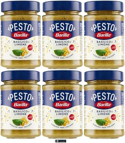 Barilla Pesto Basilico e Limone, Condimento per Pasta, Confezione da 6 x 190 g, Salsa al Basilico e Limone,+portachiavi italy shop service