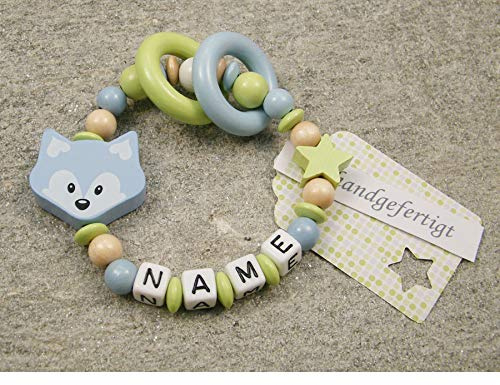 kleinerStorch ® - Personalisiertes Motorik Babygeschenk mit Namen – Einzigartiges Holz Geschenk & Taufe zur Geburt für Mädchen & Jungen - Fuchs in blau