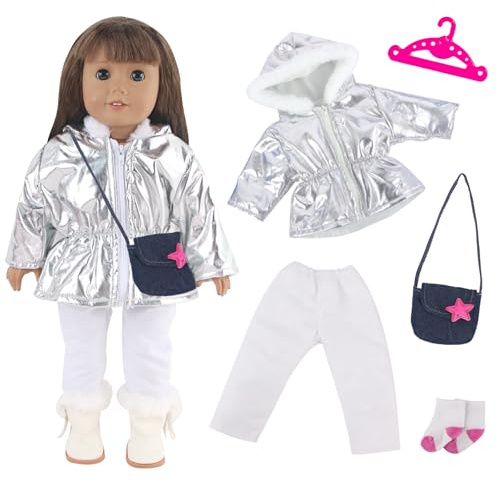 5 Stück Puppenkleidung für 30-45cm Baby Puppen, puppenkleidung Zubehör Enthält Silbernes Kapuzenshirt, Weiße Hose, Handtasche, Socken, Kleiderbügel Geschenke für Mädchen (Ohne Puppe und Schuhe)