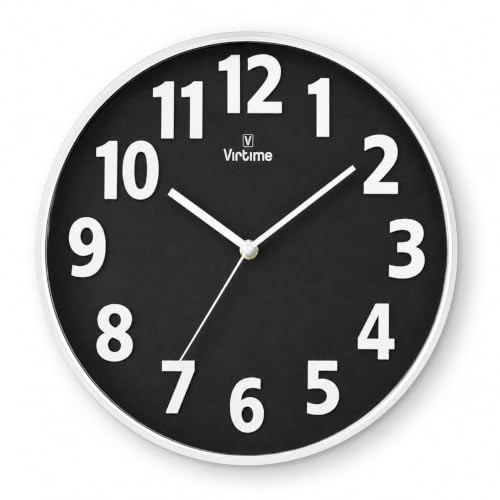 VIRTIME Orologio da parete moderno, Orologio a muro Diametro 35. silenzioso e con numeri in rilievo (Nero)