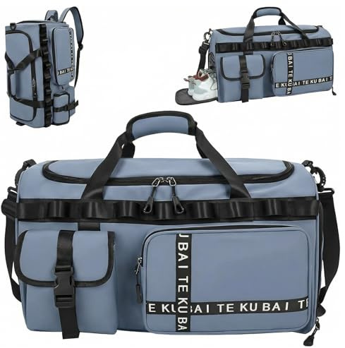 Sporttasche Reisetasche für Damen und Herren, Groß 65L Sporttaschen mit Schuhfach & Nassfach, Large Capacity Reise Tasche Gym Bag, Travel Schwimmtasche Übernachtung Tasche (Blau)
