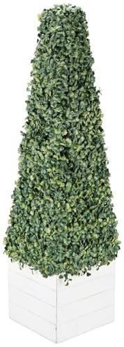 wilko Boxwood Pyramid, Artificial Plant, White, 23x24x132 cm, Decorative Indoor Plant with Wood Planter, Low-Maintenance Home Decor