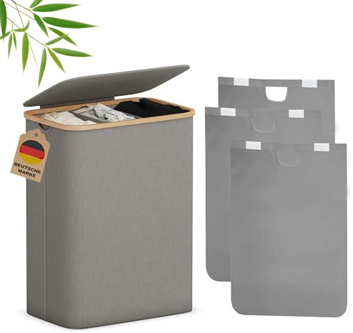 AdelDream 160L Wäschekorb mit Deckel 3 Fächer Wäschekorb Wäschesack schmal Wäschesortierer Wäschebox Wäschetonne Wäschesammler mit Deckel Wäschetruhe Wäschekörbe laundry baskets Dunkelgrau