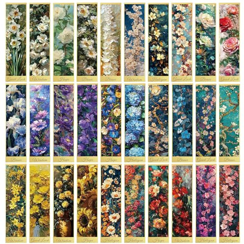 MWOOT 30 Stück Vintage Papier Lesezeichen, Blumen Lesezeichen Set,für Männer und Frauen, Blumenmalerei Einseitige Markierung Lesezeichen für Bücherliebhaber, Lehrer, Studenten (ca. 15x4cm)