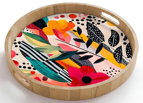 OnlyWow© Plateau De Table Plateaux Service Repas Bois Decoratif Dejeuner | 50x50 cm - Rond - Antidérapant Cafe Deco Chene Avec Poignée Déjeuner Fleurs - Feuilles - Abstrait - Coloré