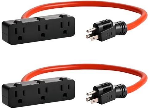 KMC 3-Outlet Power Extension Cord 2-Pack, 12AWG 2-Feet Extension Cord, 125V/15Amp 1875Watt, Orange