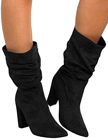 Womens Slouchy Block High Heel Boots Winter Pointed Toe Slip on Mid Calf Suede Boots Black