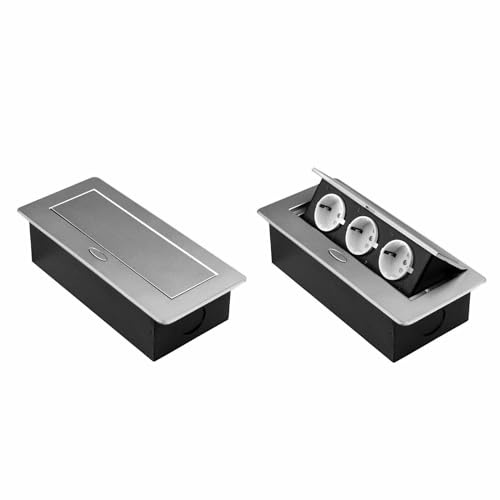 Einbausteckdose versenkbar mit oder ohne USB und in 2 Farben Silber oder Schwarz zum Auswählen (3X Schuko, Silber)