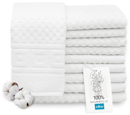 ZOLLNER Lot de 10 Serviettes d'invités en 30x50 cm - Motif gaufré Doux et Absorbant, Couleur Blanche - avec Crochet - lavables jusqu'à 95 °C - Coton - qualité hôtelière - certifié Oeko Tex®