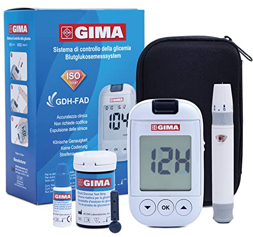 GIMA Misuratore Glicemia Glucometro Kit Completo Per Il Controllo e Il Monitoraggio Del Glucosio Nel Sangue Con 10 Strisce Soluzione Di Controllo 10 Lancette Sterili Penna Pungidito, IT,DE,GR,ES