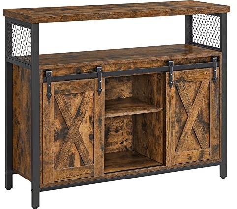VASAGLE Sideboard, Küchenschrank, Aufbewahrungsschrank, mit 2 Schiebetüren, 33 x 100 x 80 cm, verstellbare Ablagen, Landhausstil, für Wohnzimmer, vintagebraun-schwarz LSC092B01
