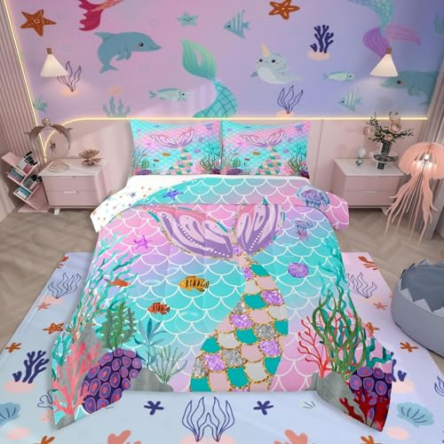 Erosebridal Twin Comforter Set for Girls, Mermaid Twin Bedding Sets for Girls Kids Toddler Ocean Fish Scales Quilt Rainbow Bedding Coastal Nautical Sea Animal Duvet Insert Teal Pastel Pink Room Decor