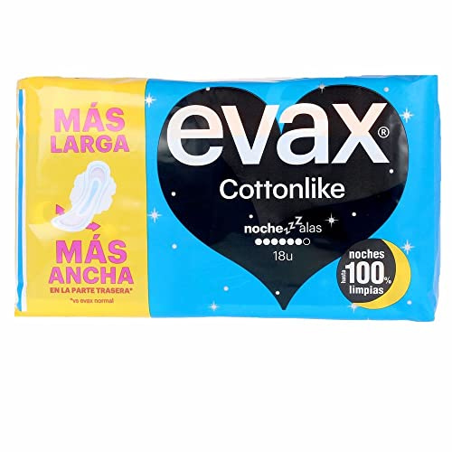 Evax Cottonlike Noche Compresas Con Alas, Pack de 18, Parte Trasera Más Ancha, Absorben Flujo Repentino, Eliminan Malos Olores, Capa Superior Extrasuave, 100% Limpia y 0% Olor