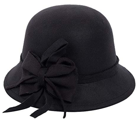 Damen 1920er Jahre Glockenhut mit Schleife Kunstfilz Vintage Kirchenhut Elegant Schlapphut Crushable Bowler Hut Klassische Party Hüte, Schwarz, EinheitsgröÃŸe