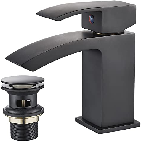 Luckyhome Basin Taps with Waste Mono Bathroom Waterfall Basin Taps Mixer Faucet（Black）
