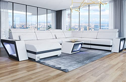 XXL Sofa Wohnlandschaft Catania mit USB und Beleuchtung Ledersofa in U Form Couch mit Kopfstützen (Ottomane Links, Weiß-Schwarz)