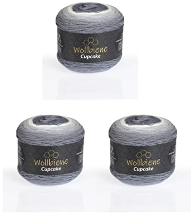 Cupcake 3 x 150g Strickwolle 450 Gramm Wolle zum Stricken und Häkeln Babywolle türkische Wolle Farbverlaufswolle (dunkgelgrau hellgrau weiß 3100)