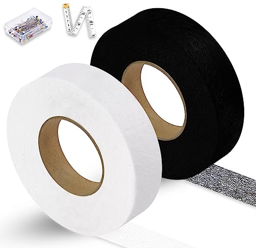 Vicloon Saumband zum Aufbügeln, 2 Stück Saumband 64m, Bügelband zum Kürzen Glaskopfnadeln, für Aufbügeln auf Textilien wie Hosen Gardinen Vorhänge(Schwarz+Weiß)