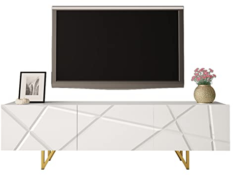 Mirjan24 TV Lowboard Litarez 180 mit 3 Klappen/Türen, Griffloses Öffnungssystem, Gold Metallfüße, Fernsehtisch, Sideboard, Fernsehschrank, TV Tisch, TV Schrank, TV Bank (Weiß/Weiß Hochglanz)