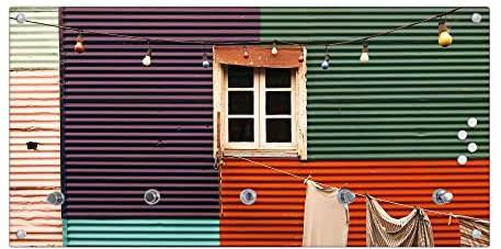 banjado® Wandgarderobe aus Echtglas/Design Garderobe 80x40x6 cm groß/Flurgarderobe mit 5 Haken/Magnetisches Garderobenpaneel Motiv Buntes Haus
