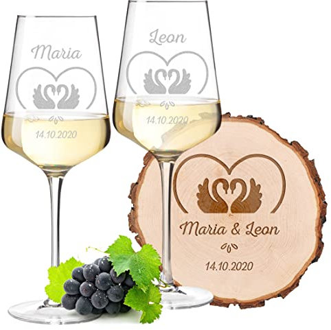 Lot de 3 verres à vin Leonardo Puccini - 2 verres à vin blancs - 1 disque d'arbre avec gravure au choix - Motif cygne - Personnalisé - Volume de 560 ml - Mariage - Couple marié - Vin, verre